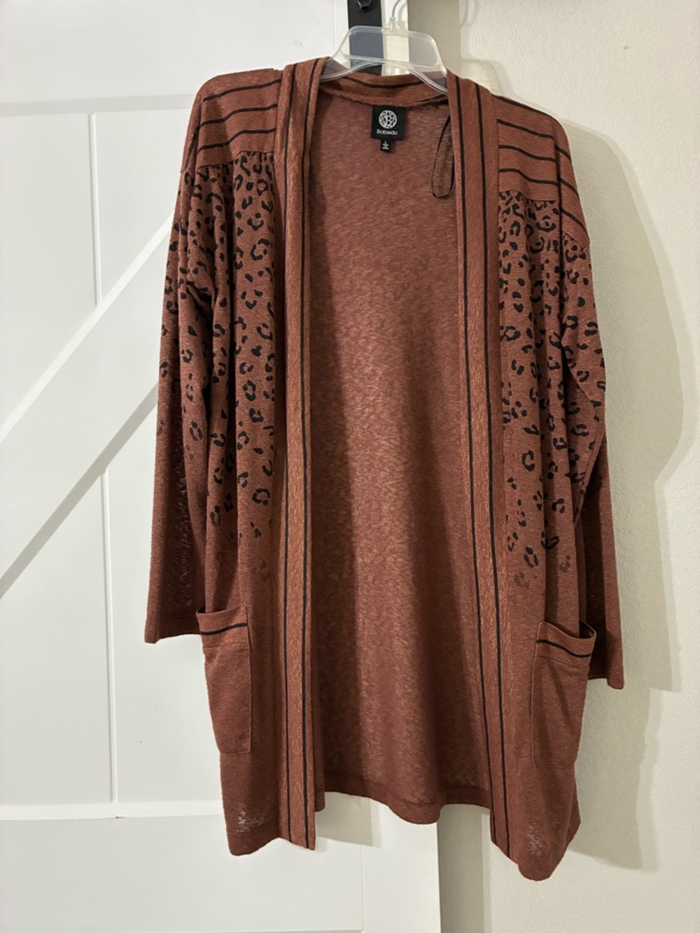 bobeau Rust Open-Front Cardigan with Leopard Print Accents